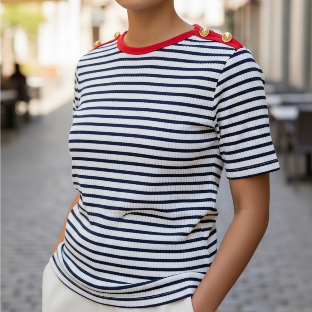 Links Women's size XL Navy White Striped knit rib Tee Coastal sailing Red Trim